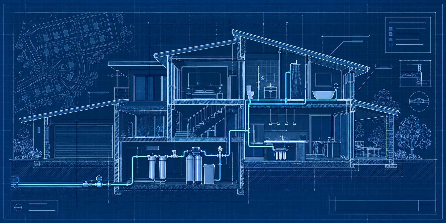 Architectural blueprint showing whole-home filtration, softening, and reverse osmosis integrated into a residential plumbing plan