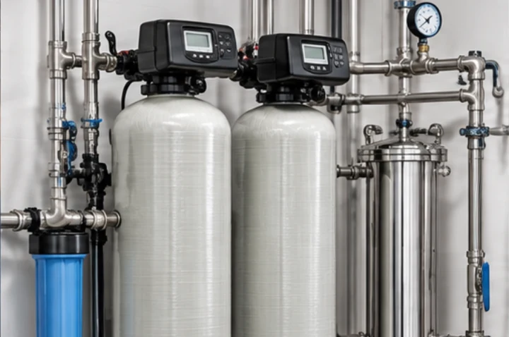 Commercial water treatment tanks and stainless steel plumbing