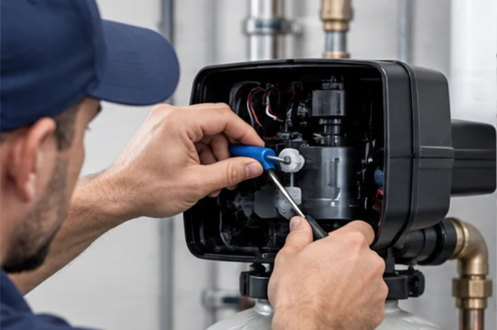 A technician servicing a water treatment control valve