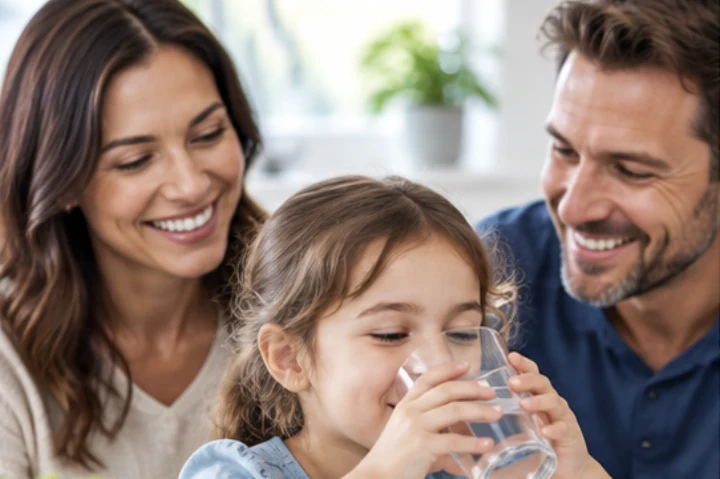 A family enjoying a glass of clean drinking water